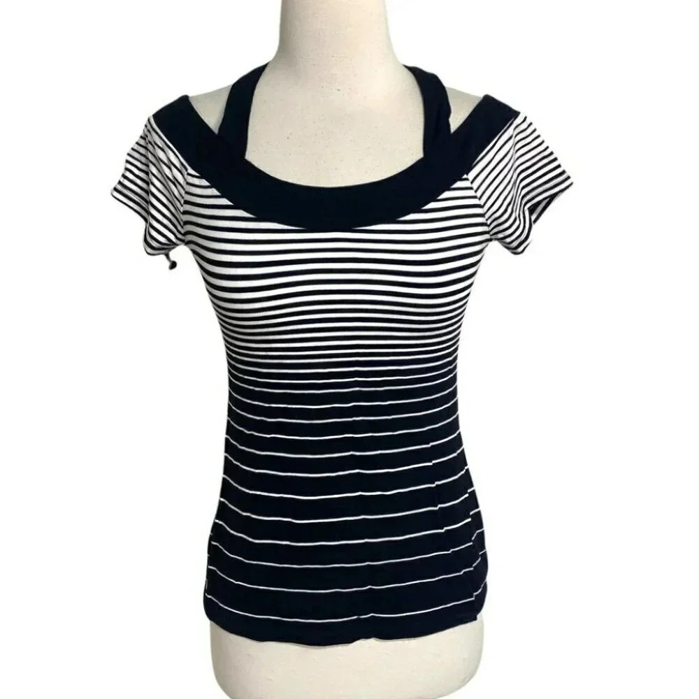 Cache XS black & white striped cross‎ back top Retro Y2K